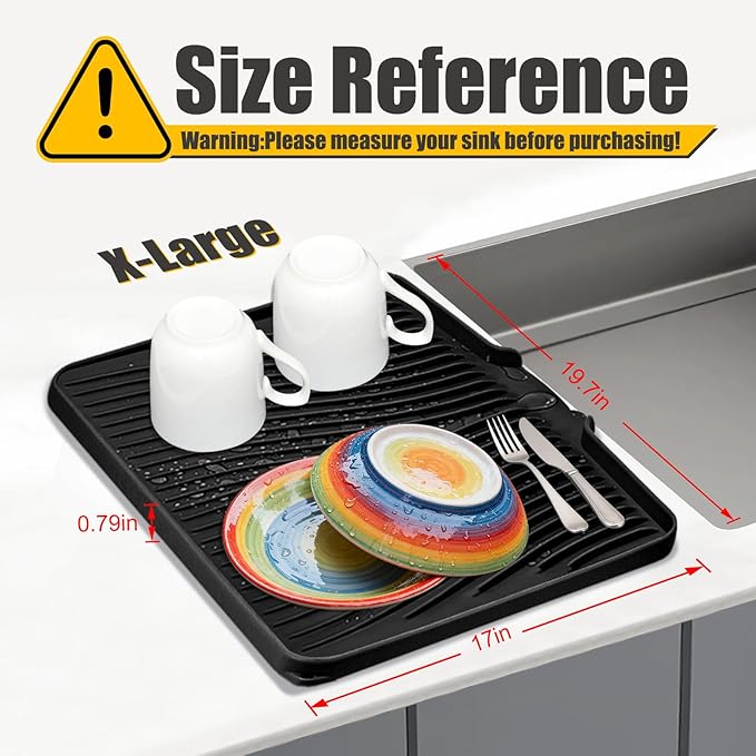 Silicone Dish Drying Mat, Stone Drying Mat for Kitchen Counter with Built-In Drain, Non-Slip Drain Pad with Built-in Drain, Heat Resistant Stone Drying Mat, 1Pcs Black(19.7" x 17")