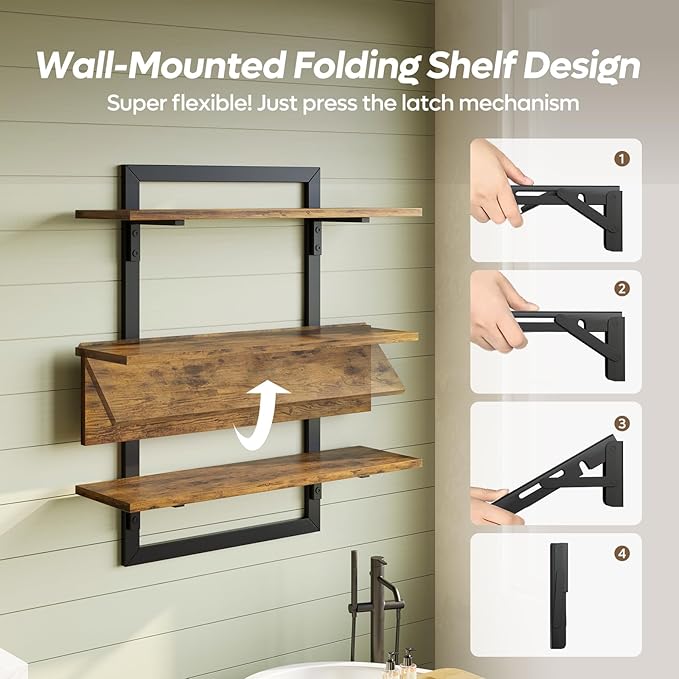 Bestier Floating Shelves for Wall, 24 inch Kitchen Shelves Wall Mounted, 3 Tier Coffee Bar Shelf with Foldable Brackets, Industrial Display Shelf for Bathroom, Living Room, Rustic Brown