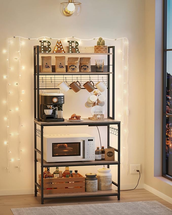 VASAGLE Bakers Rack with Power Outlet, Microwave Stand, Kitchen Tall Utility Storage Shelf, with Metal Wire Panel, 14 Hooks, 15.7 x 31.5 x 66.9 Inches, Heather Greige and Ink Black UKKS025B02