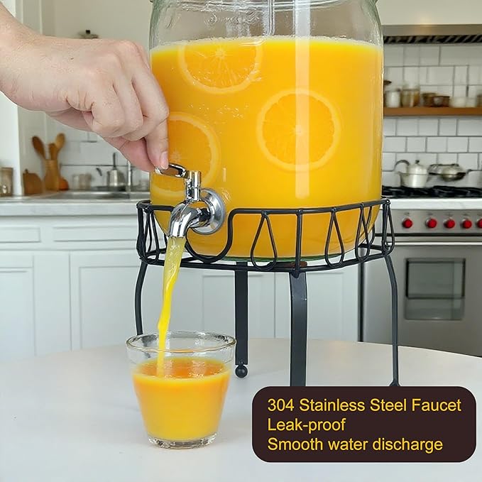 Glass Drink Dispensers for Parties, Beverage Dispenser with Stand, Ice Cylinder and Stainless Steel Spigot 100% Leakproof, Beverage Dispenser for Lemonade Sun Tea (2 Gallon Single with Stand)
