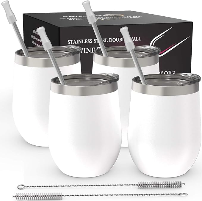 CHILLOUT LIFE 12 oz Stainless Steel Wine Tumblers 4 Pack - Double Wall Vacuum Insulated Wine Glasses Cups with Lids and Straws Set Keeping Cold & Hot for Coffee, Beer, Ice Cream - Powder Coated White