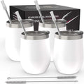 CHILLOUT LIFE 12 oz Stainless Steel Wine Tumblers 4 Pack - Double Wall Vacuum Insulated Wine Glasses Cups with Lids and Straws Set Keeping Cold & Hot for Coffee, Beer, Ice Cream - Powder Coated White