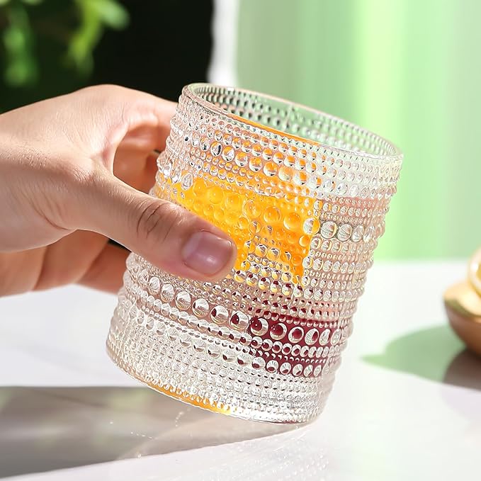 12oz Hobnail Drinking Glasses Set of 6,Clear Vintage Glassware Embossed Water Tumbler,Cocktail Glass Cups for Beer,Whiskey,Juice and Various Mixed Drinks