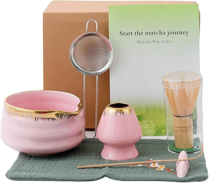 7-Piece Matcha Whisk Set: Pink Ceramic Bowl with Spout Edge (Golden Texture Design), Including Bamboo Whisk, Sieve, Spoon, etc., Suitable for Home Use/Matcha Lovers, Easy to Clean