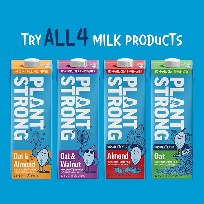 PLANTSTRONG Almond Milk Unsweetened 32oz (6 Pack) and Recipe Guide - NON-GMO - Plant Based, Vegan - Gluten Free Dairy Free - Shelf Stable - Lactose Free Milk - No Gums or Oils