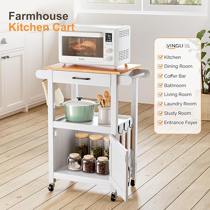 VINGLI Rolling Kitchen Cart with Microwave Stand, Storage Cabinet & Drawer, Small Coffee Cart with Side Hooks & Towel Rods, Compact Kitchen Island on Swivel Wheels, White