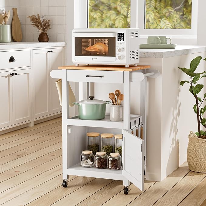 VINGLI Microwave Cart with Drawer and Storage Cabinet, Small Kitchen Island on Wheels, Coffee Station Microwave Stand with Hooks & Shelves, Compact Kitchen Storage Cart, White