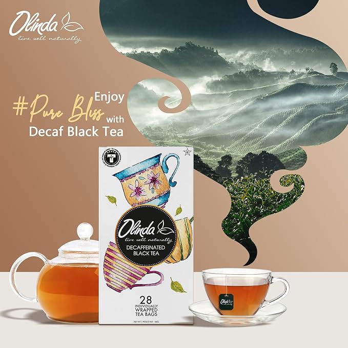 Olinda Organic Decaffeinated Black Tea 28 Individually Wrapped Tea Bags Gluten-Free Vegan Breakfast Black Tea Decaf