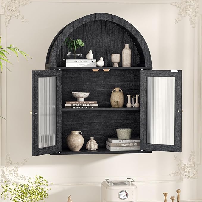 Arched Bathroom Cabinet, Wall Mounted Bathroom Cabinet with Tempered Glass Doors and Adjustable Shelf, for Kitchen, Living Room, Laundry Room, Restroom, Black