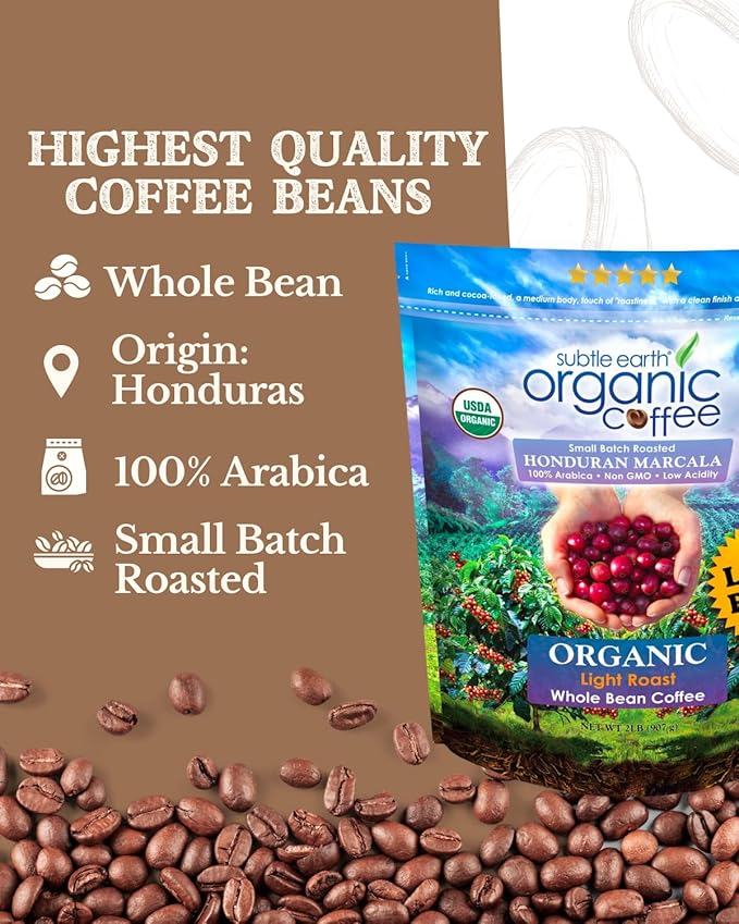 2LB Subtle Earth Organic Coffee - Light Roast - Whole Bean Coffee - 100% Arabica Beans - Low Acidity and Non-GMO - 2lb bag