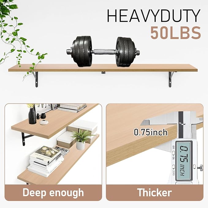Kaboon 55 inch Long 10 inch Deep Floating Shelves for Wall Set of 2, Large Open Shelves Wall Mounted, Space Saving Home and Commercial Use, Light Walnut