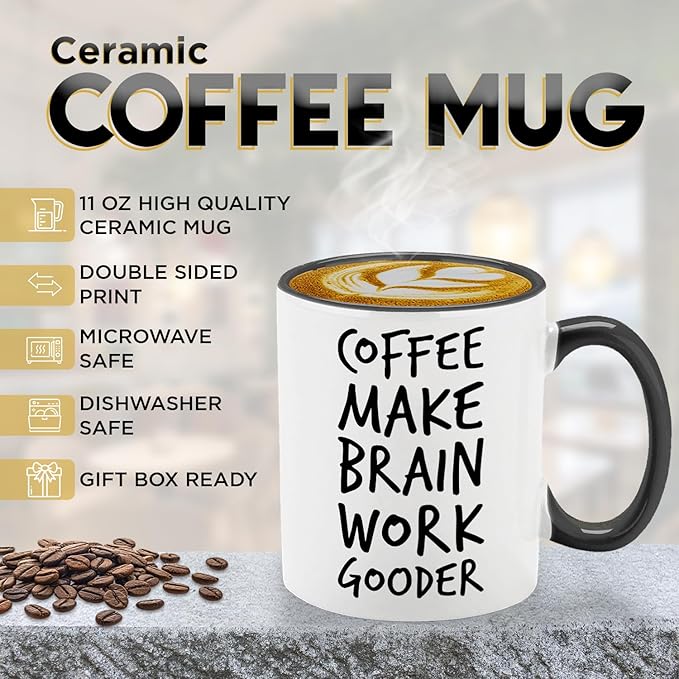 Veracco Coffee Make Brain Work Gooder Mug Funny Coffee Lover Gift Humorous Idea Family Friends Birthday Presents Sarcastic Office Berserk Tea Cup Caffeine Addict Brain Booster Gooder Vibes