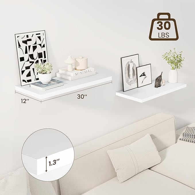 Dreamland 30" Floating Shelves for Wall, 12" Deep Slim White Floating Shelves, Wall-Mounted Shelves for Bedroom, Living Room, Kitchen, Bathroom - Set of 2