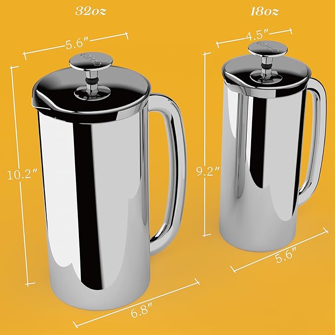 ESPRO P7 Polished French Press Stainless Steel 304 – Patented Double Walled Micro-Filter Insulated French Press Coffee Maker, Grit-Free Brew - Heat Resistant BPA Free (18oz)