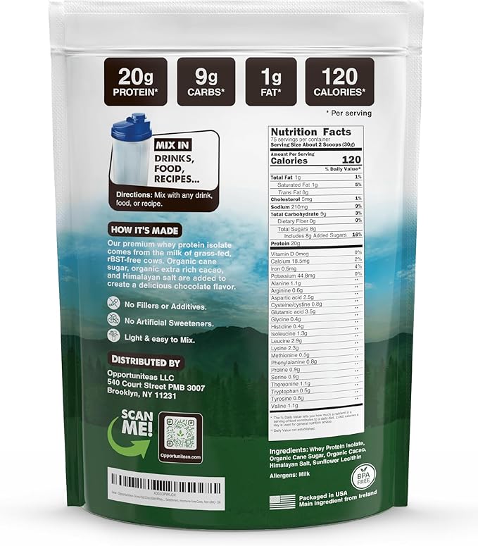 Opportuniteas Grass Fed Chocolate Whey Isolate Protein Powder – 20 g Protein, Heavy-Metal Tested, Made with Organic Cacao & Organic Cane Sugar, Non-GMO, Hormone-Free, Sourced from Ireland, 2.5 lb