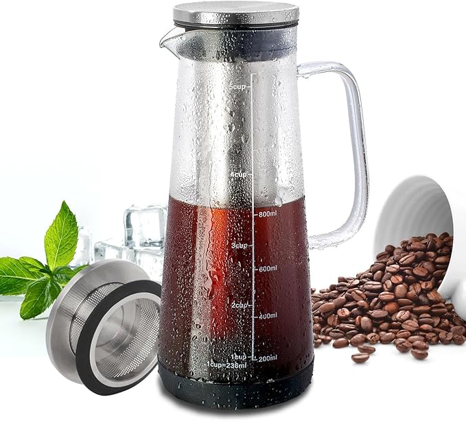 LHS Cold Brew Coffee Maker 2 in 1 Iced Coffee Maker, Glass Pitcher with Lid- 1.2Liter / 40oz, Stainless Steel Filter Removable and BPA-Free Glass Carafe for Iced Coffee, Cold Brew Tea, Juice