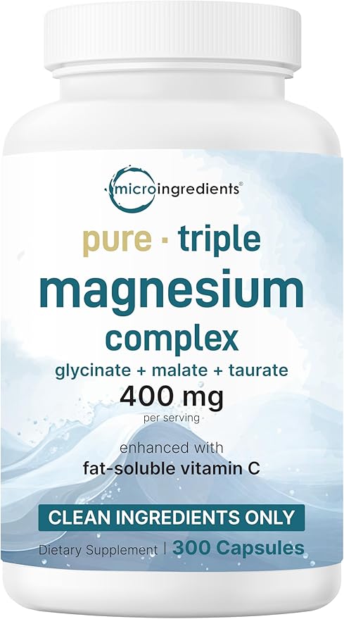 Micro Ingredients Pure Magnesium Complex, 300 Capsules | Triple Magnesium Glycinate, Malate, Taurate with Vitamin C | 100% Chelated | Supports Muscles, Nerves, & Energy | Only Active Ingredients