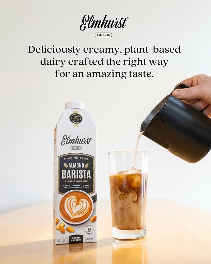 Elmhurst 1925 Almond Milk Barista Edition – 32oz (6-Pack) Plant-Based, Vegan, Dairy-Free, Kosher, Gluten-Free, Non-GMO, Froths for Lattes & Iced Coffee, 3g Protein per Serving, Simple Ingredients