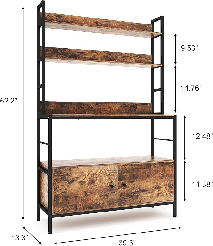 5-Tier Kitchen Bakers Rack with Storage,Industrial Microwave Oven Stand, Utility Storage Shelf,Free Standing Kitchen Utility Cart Storage Shelf Organizer with Hooks