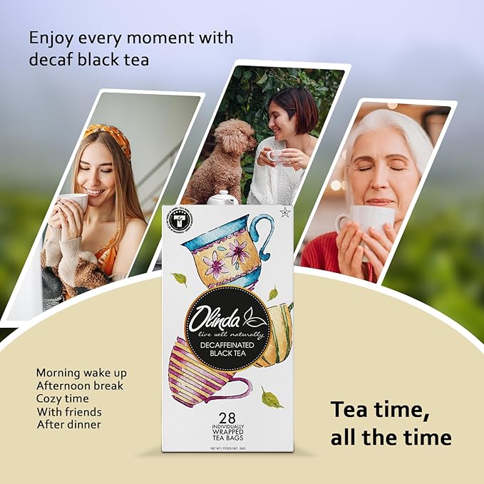 Olinda Organic Decaffeinated Black Tea 28 Individually Wrapped Tea Bags Gluten-Free Vegan Breakfast Black Tea Decaf