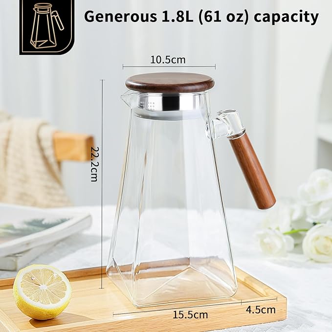 1.8 Liter 60 oz Glass Pitcher with Wooden Lid & Handle - Heat-Resistant Borosilicate Jug with Trident Star Design, Perfect for Iced Tea, Lemonade, Cold Brew & Party Drinks (Clear, 60 oz)