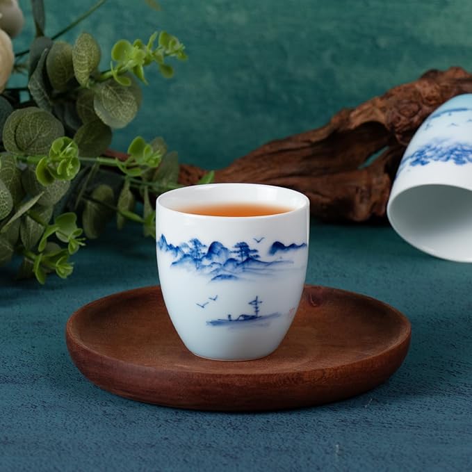 KAMMAK Tea Cup, 4oz Small Tea Cups Set of 2, White Porcelain Tea Cup Set for Home, Party, Office, Ceramic Teacups, Chinese Kungfu Tea Set for Hot/Cold Drink (Gradient Landscape)