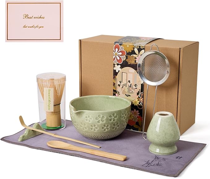 Matcha Whisk Set - Traditional Bamboo Chasen with Bowl, Complete Matcha Tea Making Kit & Starter Tools for Authentic Japanese Ceremony (Mottled Green01, 8pcs/set,Bowl entry-level Set)