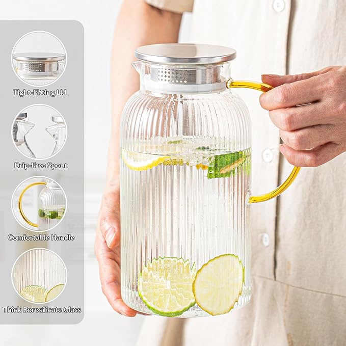 INSETLAN 68oz/2L Glass Pitcher with Lid and Spout, 2-Pack Ribbed Glass Jugs with Handle, Hot&Cold Water Pitcher for Iced Tea, Juice, Lemonade – Modern Carafe for Fridge or Table