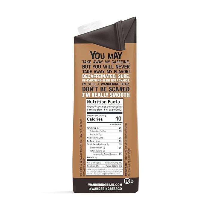 Wandering Bear Decaf Cold Brew Coffee - Bold, Smooth, No Sugar Added, Shelf-Stable, Ready to Drink, Gluten Free & Vegan Decaf Iced Cold Brewed Coffee Drink - 32 fl oz, 6 pack