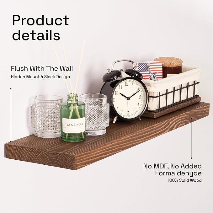 BAOBAB WORKSHOP Wood Floating Shelves Set of 2 - Rustic Shelf 24 inch - Floating Shelf for Wall Mounted - Wide Wooden Wall Shelves for Living Room Bedroom Kitchen Bathroom - Dark Walnut - 24W x 6.7D