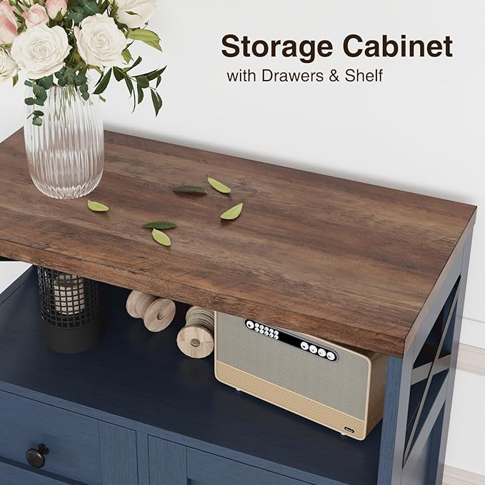 Farmhouse Blue Storage Cabinet with Barn Doors and Drawers, Small Freestanding Kitchen Pantry Cabinet, Hutch Cupboard for Kitchen, Laundry, Living Room,Bathroom