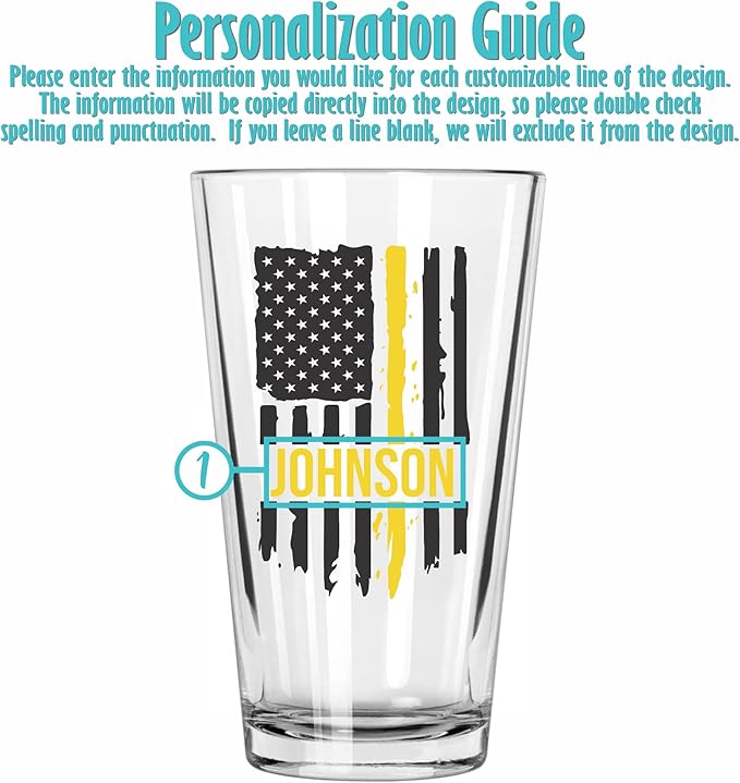 Blue Ridge Mountain Gifts - Thin Yellow Line Pint Glass - Personalized Dispatch Glass, 911 Dispatch Appreciation, Yellow Line Merch, First Responders Gift, Custom Barware, Thin Gold Line American Flag
