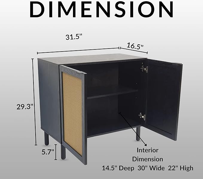 SANGO Orre 2-Door Cabinet, Modern Black Storage Cabinet with Synthetic Rattan Door Panels, Adjustable Shelf, Cylindrical Wood Legs, Discreet Finger Pulls, Elegant Furniture for Living or Dining Room