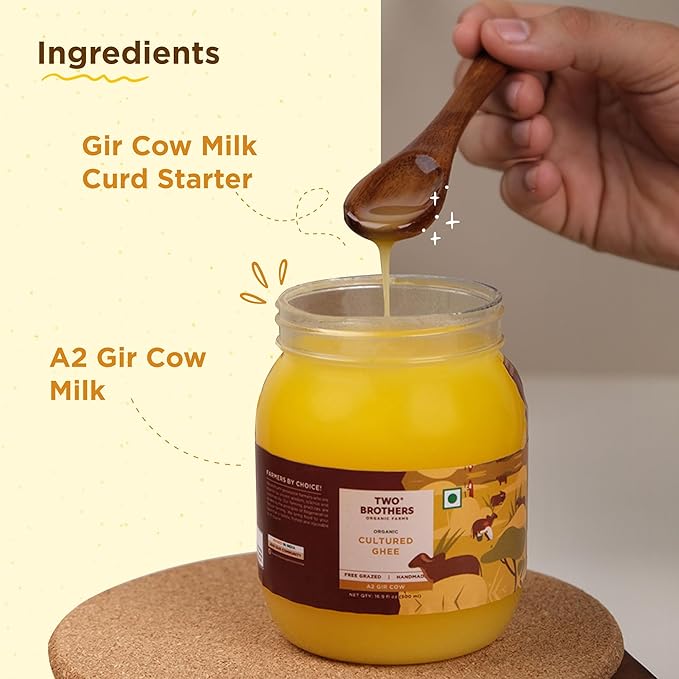 Grass Fed A2 Cultured Ghee | Gir Cow Ghee | Clarified Butter | Cultured Desi Ghee ,Non-GMO, Lactose-Free, Keto Friendly - Two Brothers Organic Farms (16 fl oz (500 ml) Plastic)