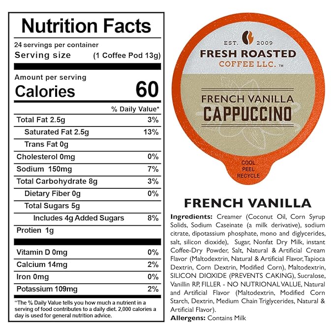Fresh Roasted Coffee, French Vanilla Cappuccino Powdered Drink Pods, K-Cup Compatible, 24 Count