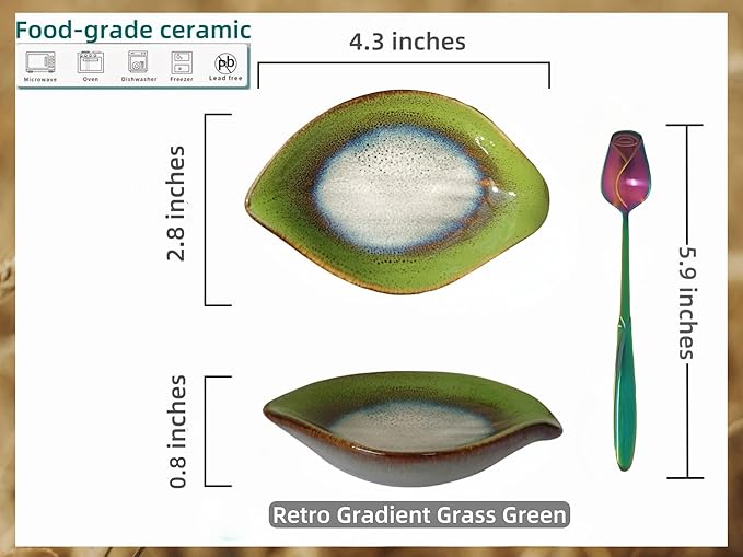 Coffee Spoon and Rest for Coffee Bar Accessories, Leaf Small Spoon Rest for Coffee Station, Tea Spoon Rest Tea Spoon Holder Teaspoon Rest, 1 PC (Retro Grass Green with Rainbow Rose Spoon)