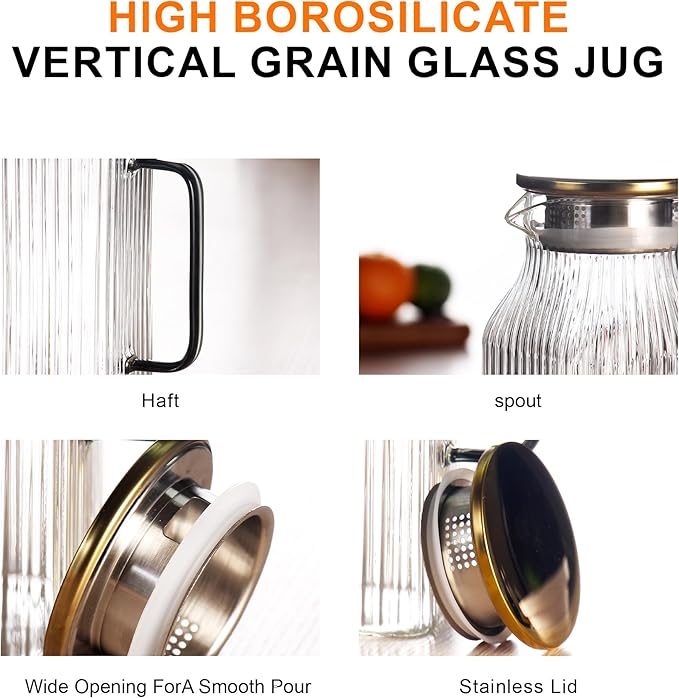 The high borate glass water pitcher with lid and handle is suitable for iced tea,homemade juice,milk,coffee,etc.All hot and cold beverages can be adapted (2L 2PCS)