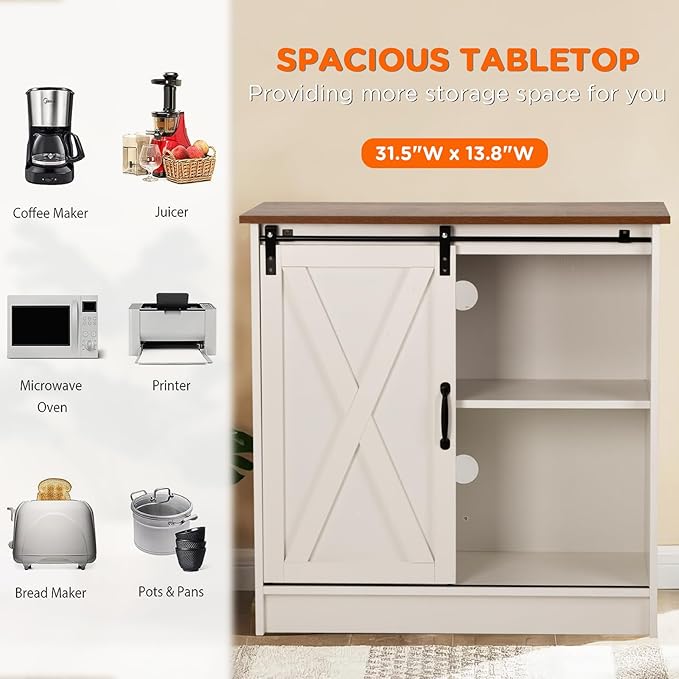 White Coffee Bar Cabinet with Storage, Farmhouse Coffee Bar Cabinet, Coffee Bar Table with Sliding Barn Door, Coffee Bar & Adjustable Shelves, for Kitchen, Dining Room, Living Room