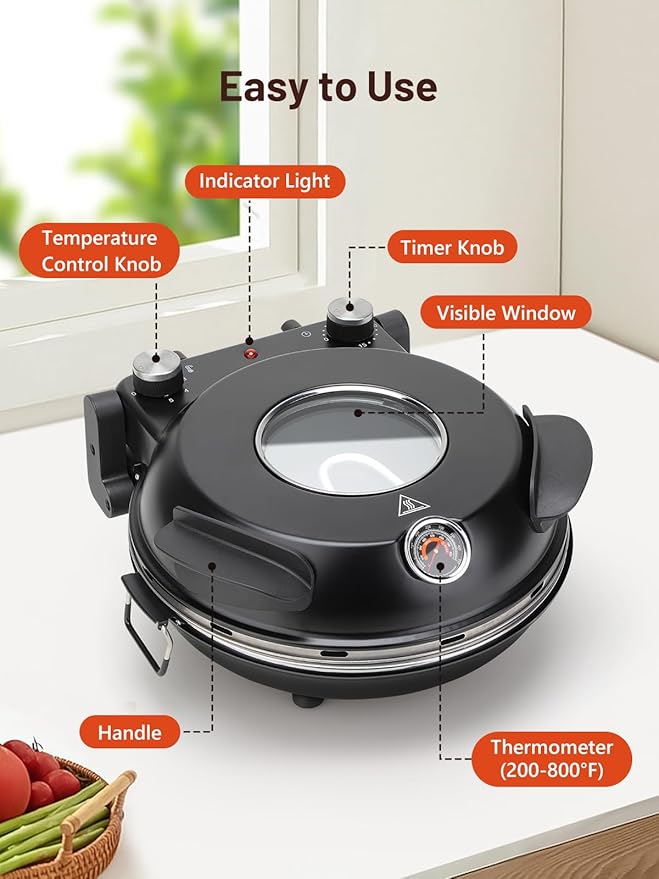 KEENSTAR Electric Pizza Oven Indoor with Glazed Ceramic Stone, 12-Inch Portable Countertop Pizza Maker with Adjustable Timer, 1200W Heat up to 800°F Pizza Maker with Viewing Window for Home DIY Pizza