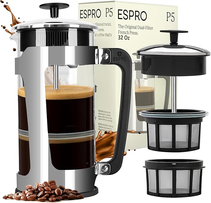 ESPRO P5 French Press Coffee Maker – Patented Double Micro-Filter for Grit Free Brew, Heat-Resistant Thicker Borosilicate Glass Coffee Press – 32 oz