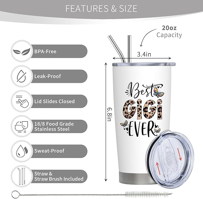 Gigi Christmas Gifts, Gigi Gifts for Grandma, Birthday Gift for Grandma from Grandkids, 20 oz Stainless Steel Tumbler With Lid & Straw