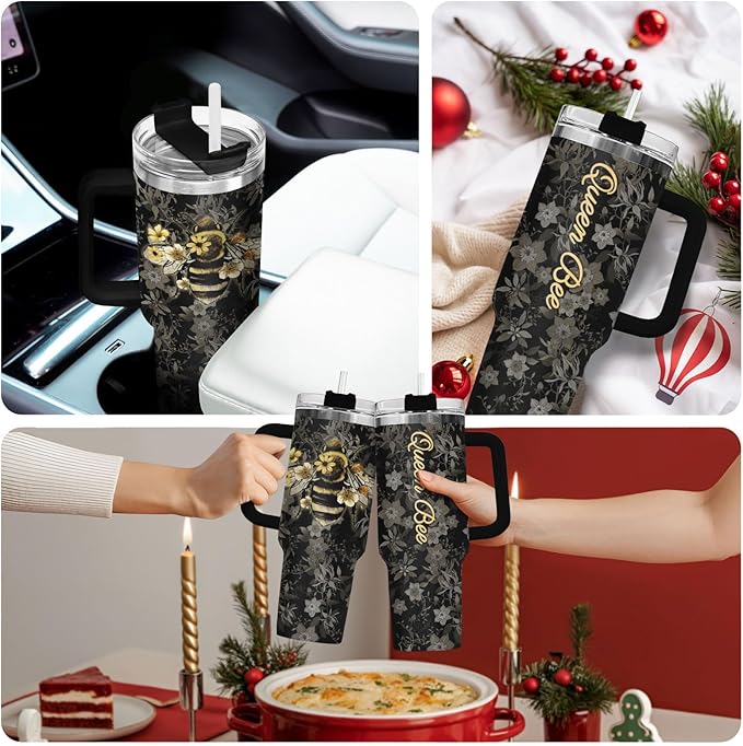 34HD Queen Bee Tumbler with Handle & Straw, 40oz Stainless Steel Vacuum Insulated Coffee Mug, Honey Bee Gifts for Birthday Mothers Day Christmas, Gifts for Women Teachers Mom Daughter Friend