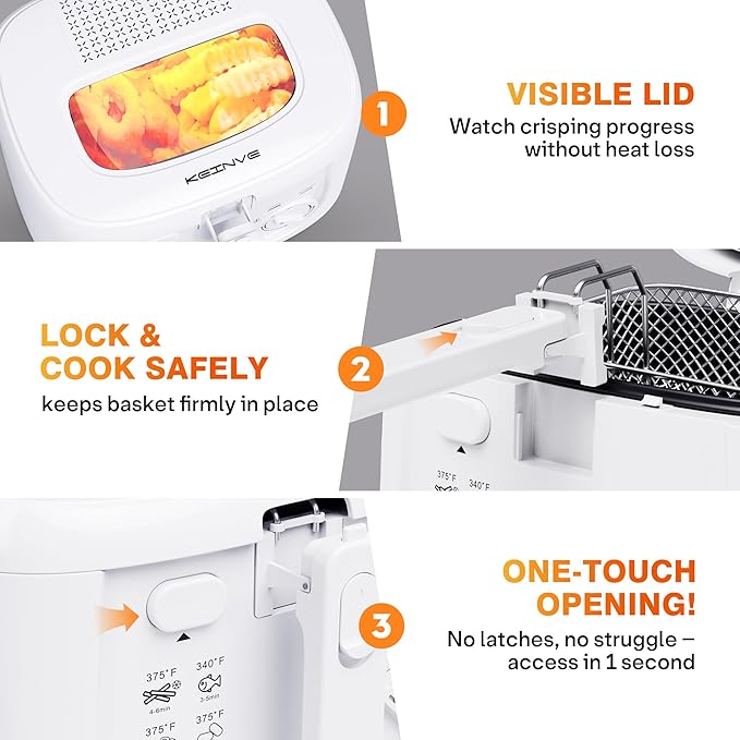1500W Electric Deep Fryer with Adjustable Temperature Control, 2.5L Non-Stick Basket & Viewing Window, Folding Handle and Locking Cover for Easy Storage, White