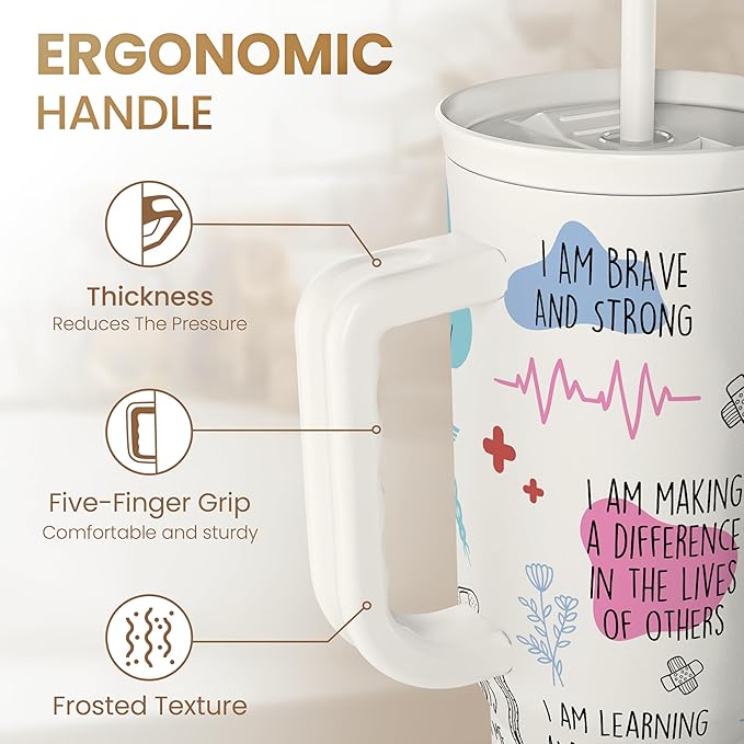 SANDJEST Nurse Tumbler with Handle 40oz, Coffee Travel Mug with Straw, Inspiration Gifts for Women Female Nurses, Nursing Gift for Birthday Christmas Nurse Week