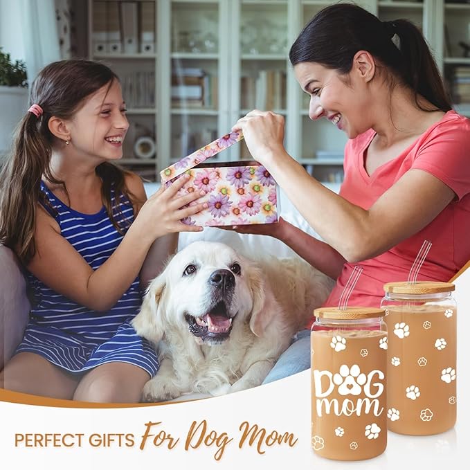 SANDJEST Dog Mom Cup 16 Oz Can Glass Coffee Mug with Bamboo Lid & Straw - Dog Lover Gifts for Women - Dog Mom Gift for Birthday Mothers Day