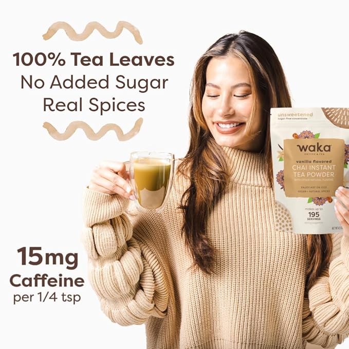 Waka Vanilla Chai Tea Powder Mix - 100% Tea Leaves from India, Natural Spices, Unsweetened Vegan Tea Powder - No Sugar, No Additives, Up to 195 Cups (4.5oz Pouch, 195 Servings)