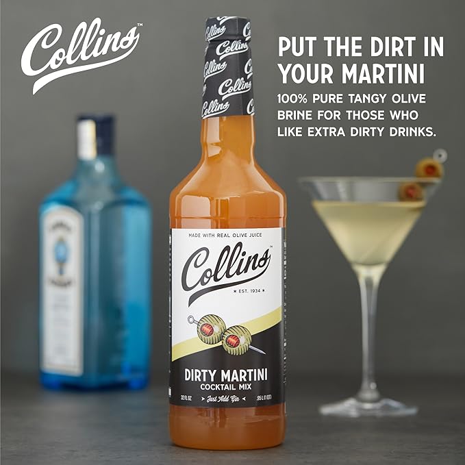 Collins Dirty Martini Mix, Made With Real Olive Brine for the Bold Flavor You Need, Classic Cocktail Recipe Ingredient, Bartender Mixer, Drinking Gifts, Home Cocktail bar, Set of 6 32 fl oz Bottles