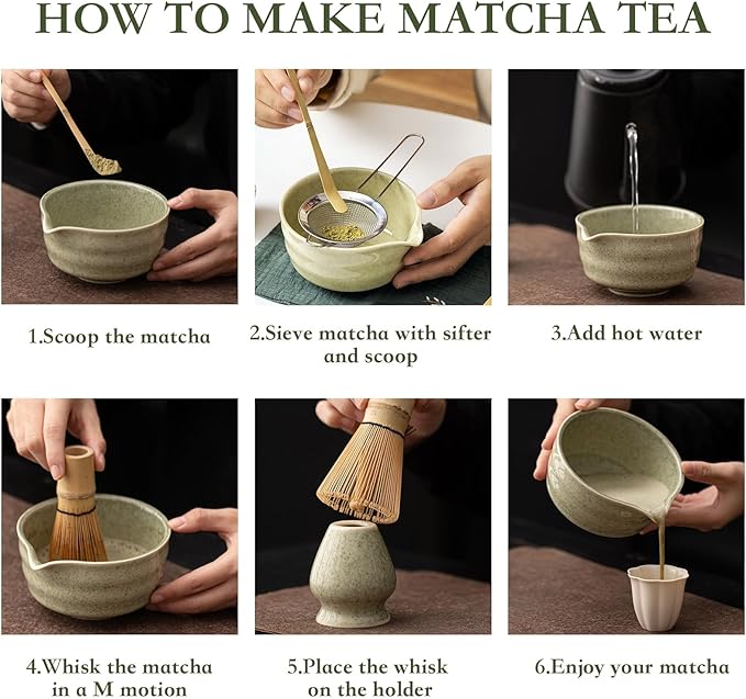5Pcs Japanese Matcha Tea Set - Ceramic Bowl with Spout & Holder, Bamboo Whisk (Chasen), Scoop, Sifter - Complete Traditional Tea Ceremony Kit for Beginners, Gift for Tea Lovers(Green)