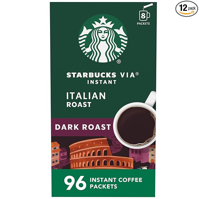 Starbucks VIA Instant Coffee, Dark Roast Coffee, Italian Roast, 100% Arabica, 12 boxes (96 packets total)