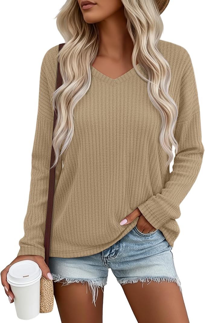 Women's V Neck Sweater Long Sleeve Knit Oversized Shirt Loose Lightweight Fall Casual Pullover Sweater Top